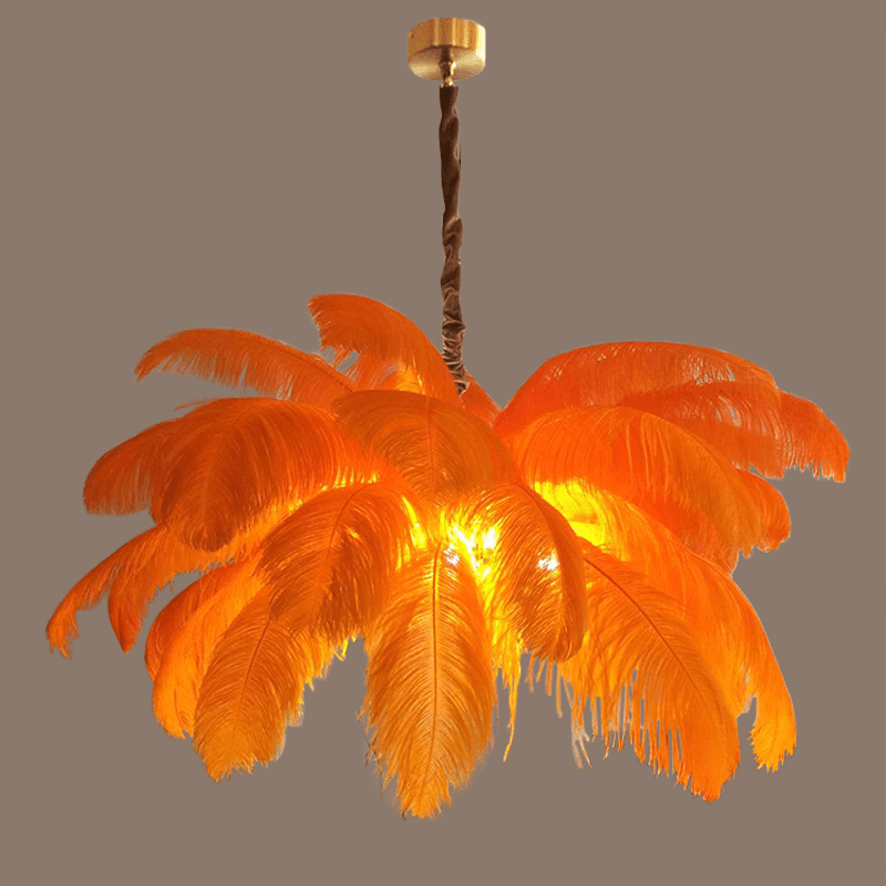 Art Deco Colorized Feather Brass Branch Chandelier - OrangeBlushlighting