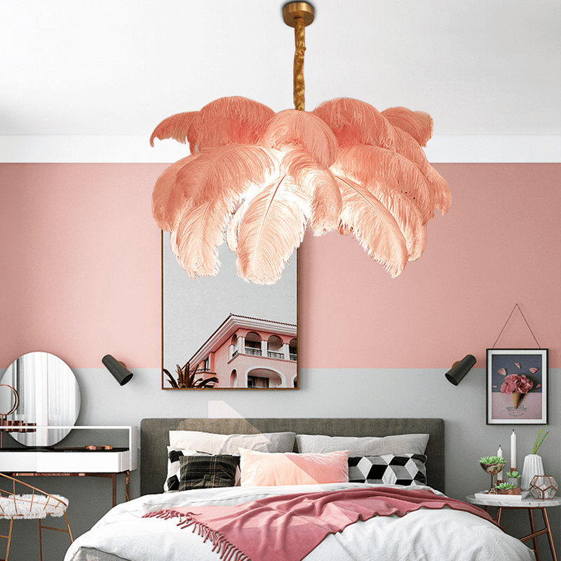 Art Deco Colorized Feather Brass Branch Chandelier - PinkBlushlighting