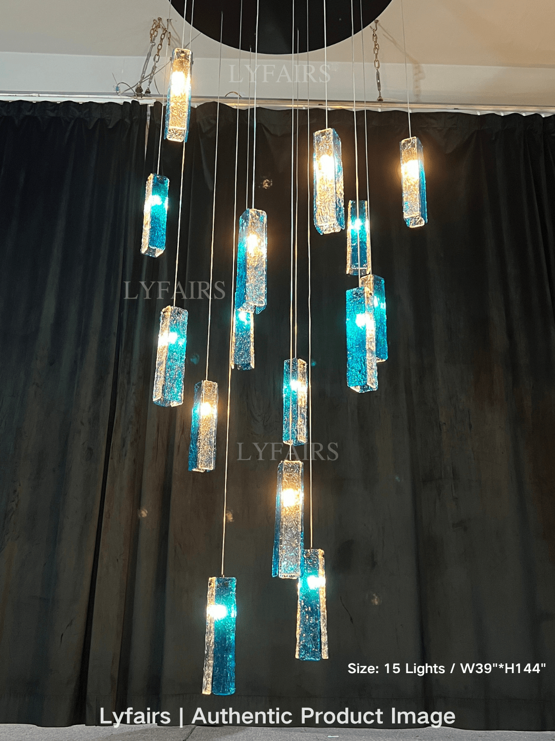 Art Design Colorful Rectangle Cluster Glass Tile Pendant Chandelier - 15 Lights / Round Base / W39"*H144"AmberWarm LightBlushlighting