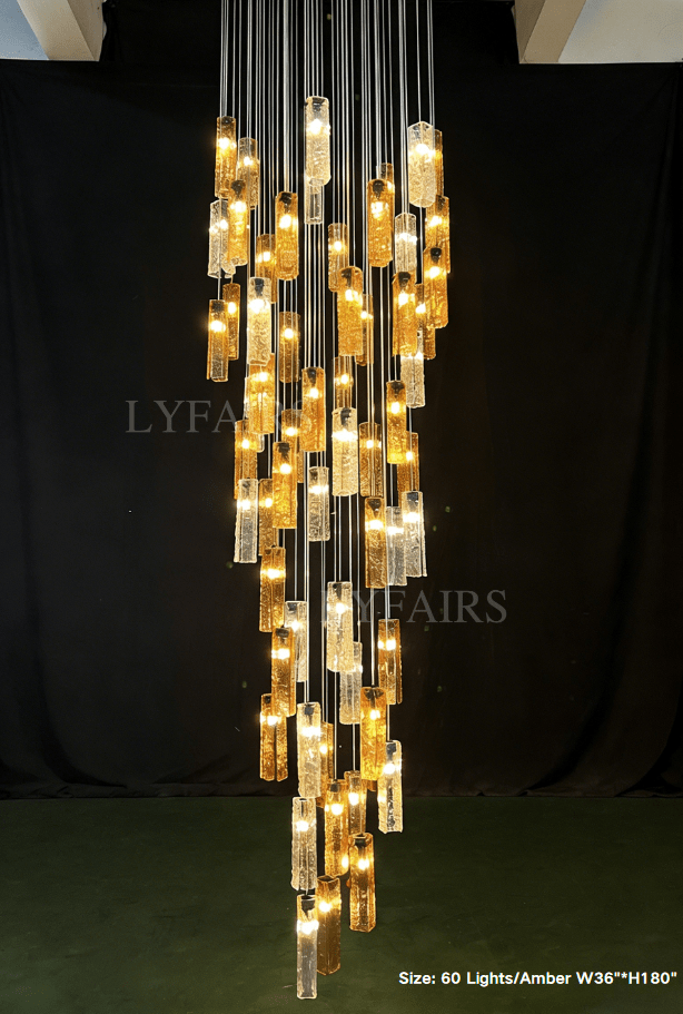 Art Design Colorful Rectangle Cluster Glass Tile Pendant Chandelier - 15 Lights / Round Base / W39"*H144"AmberWarm LightBlushlighting