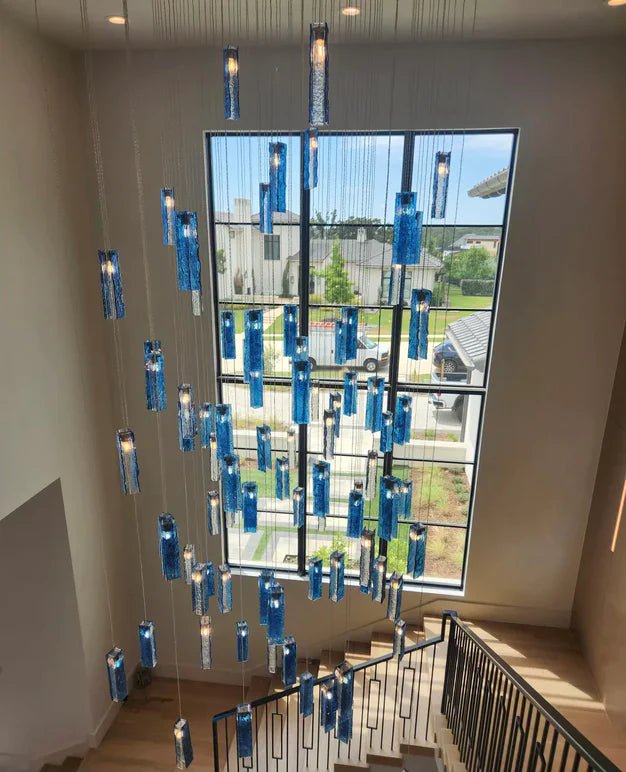 Art Design Colorful Rectangle Cluster Glass Tile Pendant Chandelier - 15 Lights / Round Base / W39"*H144"AmberWarm LightBlushlighting