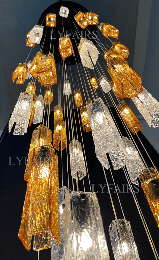 Art Design Colorful Rectangle Cluster Glass Tile Pendant Chandelier - 15 Lights / Round Base / W39"*H144"AmberWarm LightBlushlighting