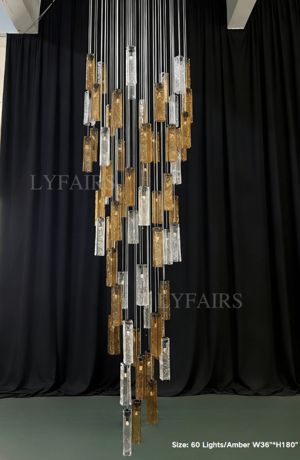 Art Design Colorful Rectangle Cluster Glass Tile Pendant Chandelier - 15 Lights / Round Base / W39"*H144"AmberWarm LightBlushlighting