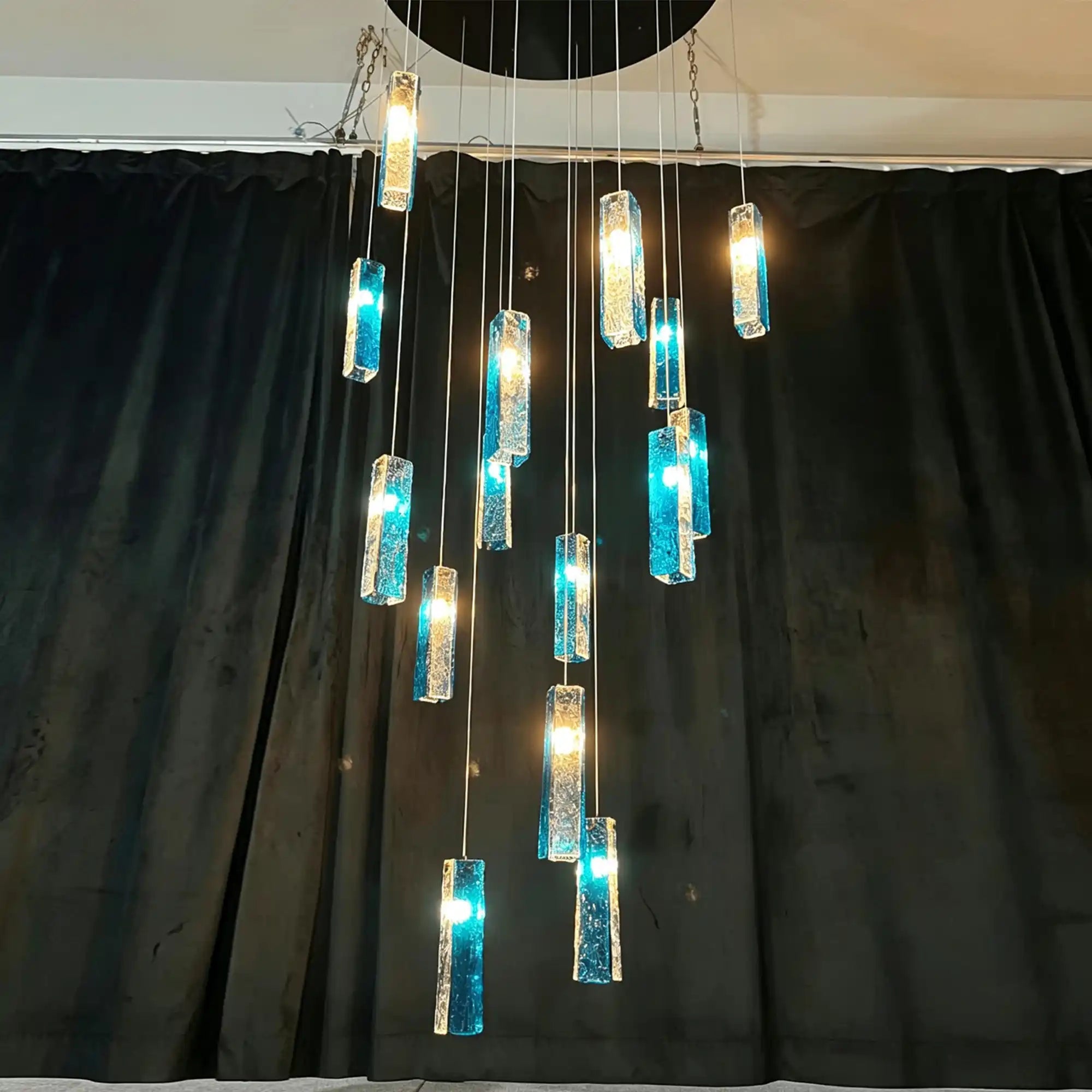 Art Design Colorful Rectangle Cluster Glass Tile Pendant Chandelier - 15 Lights / Round Base / W39"*H144"BlueWarm LightBlushlighting