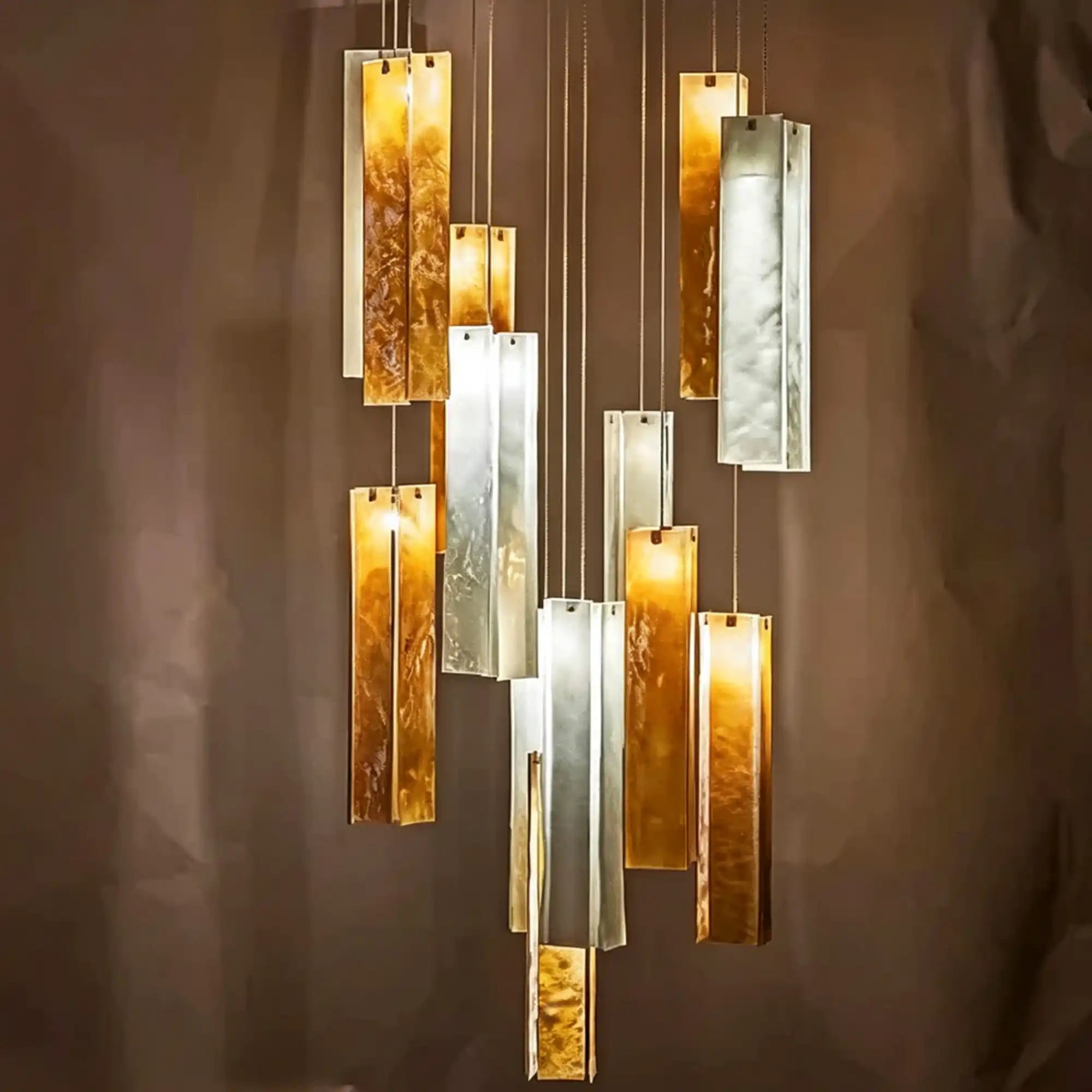 Art Design Colorful Rectangle Cluster Glass Tile Pendant Chandelier - 15 Lights / Round Base / W39"*H144"AmberWarm LightBlushlighting