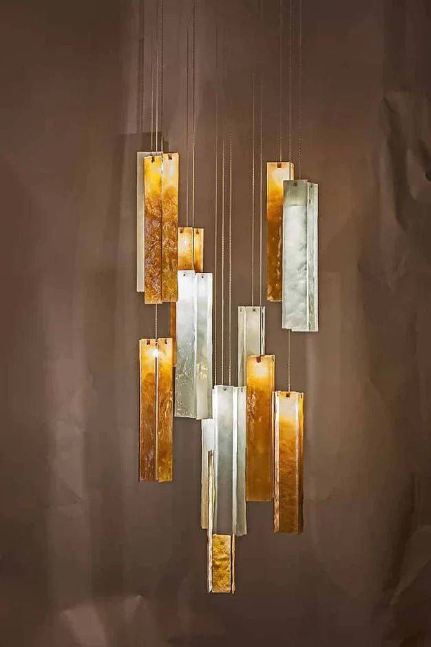 Art Design Colorful Rectangle Cluster Glass Tile Pendant Chandelier - 15 Lights / Round Base / W39"*H144"AmberWarm LightBlushlighting