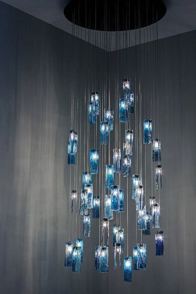 Art Design Colorful Rectangle Cluster Glass Tile Pendant Chandelier - 15 Lights / Round Base / W39"*H144"AmberWarm LightBlushlighting