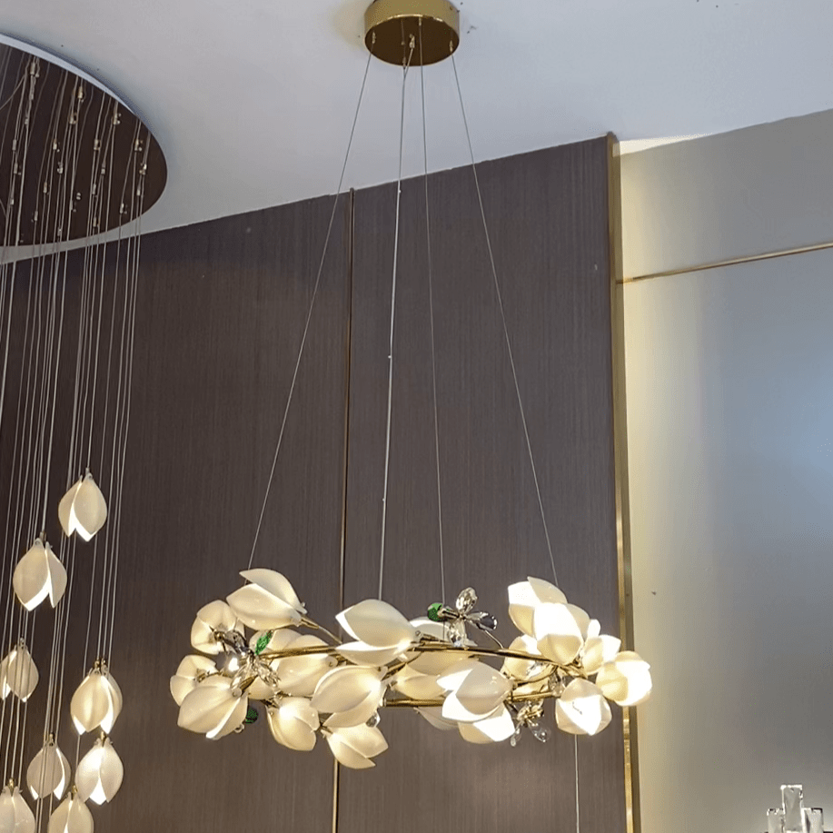Art Design Creative Ceramic Magnolia Ring/Linear Chandelier for Bedroom/Living Room/Dining Room/Kitchen Island-Chandeliers-Blushlighting-Blushlighting