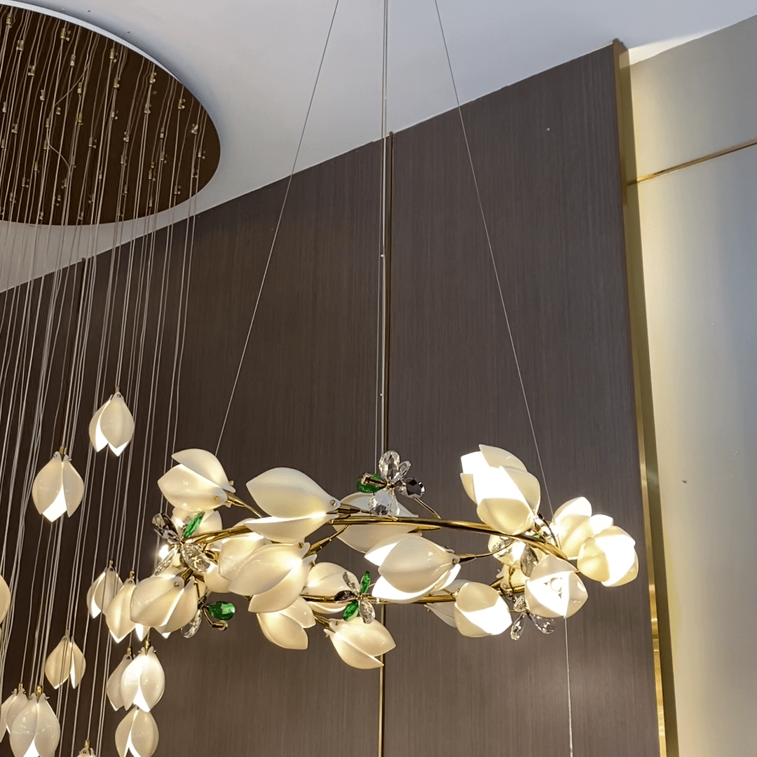 Art Design Creative Ceramic Magnolia Ring/Linear Chandelier for Bedroom/Living Room/Dining Room/Kitchen Island-Chandeliers-Blushlighting-Blushlighting