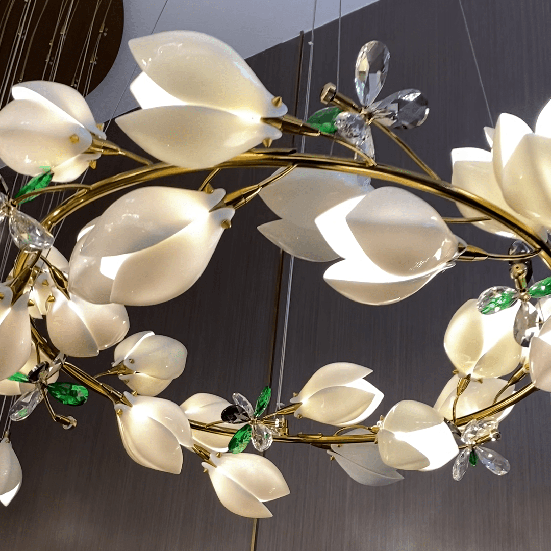 Art Design Creative Ceramic Magnolia Ring/Linear Chandelier for Bedroom/Living Room/Dining Room/Kitchen Island-Chandeliers-Blushlighting-Blushlighting