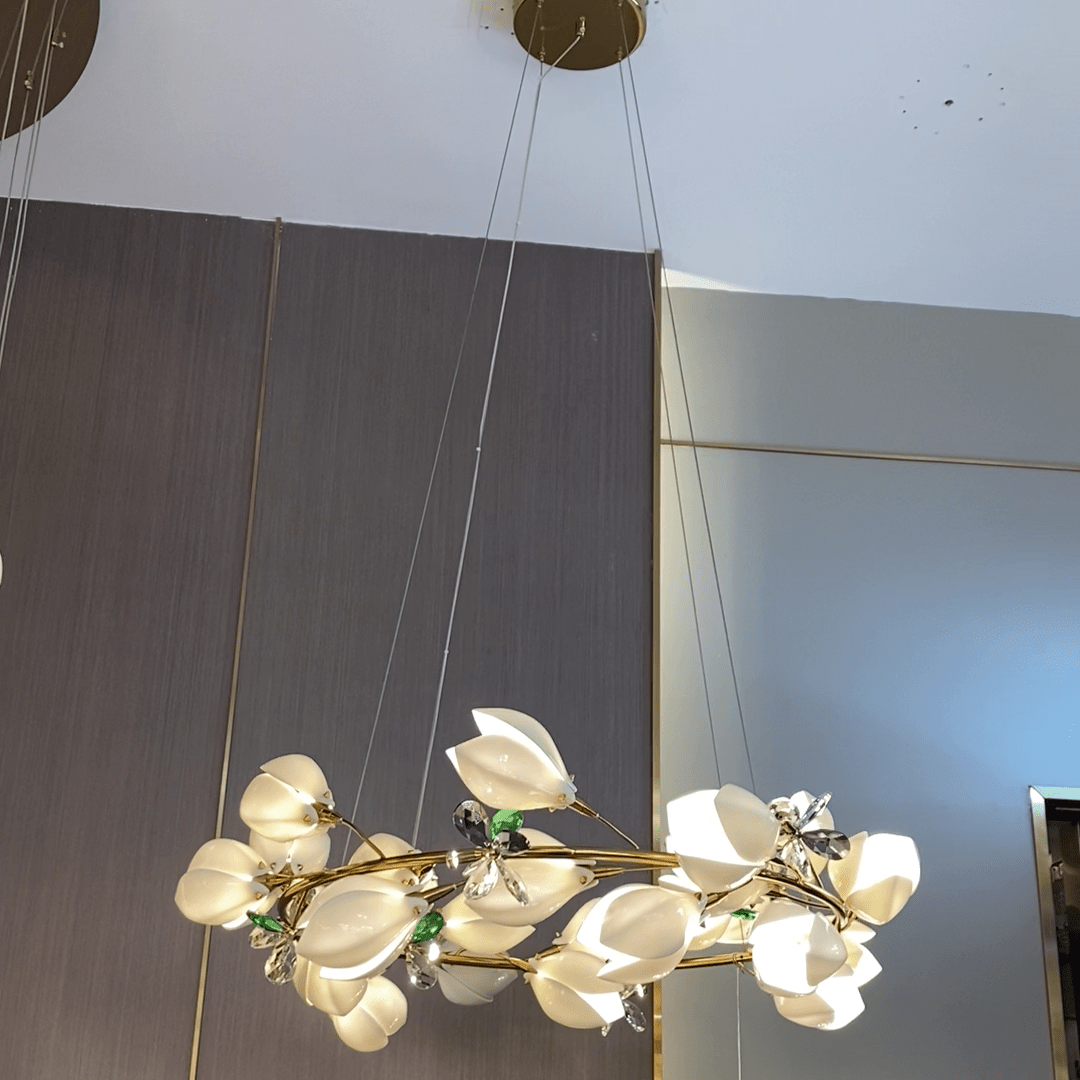 Art Design Creative Ceramic Magnolia Ring/Linear Chandelier for Bedroom/Living Room/Dining Room/Kitchen Island-Chandeliers-Blushlighting-Ring/D31.5"*H78.7"-Warm Light-Blushlighting