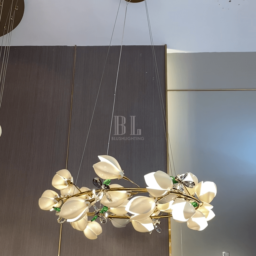Art Design Creative Ceramic Magnolia Ring/Linear Chandelier for Bedroom/Living Room/Dining Room/Kitchen Island-Chandeliers-Blushlighting-Blushlighting