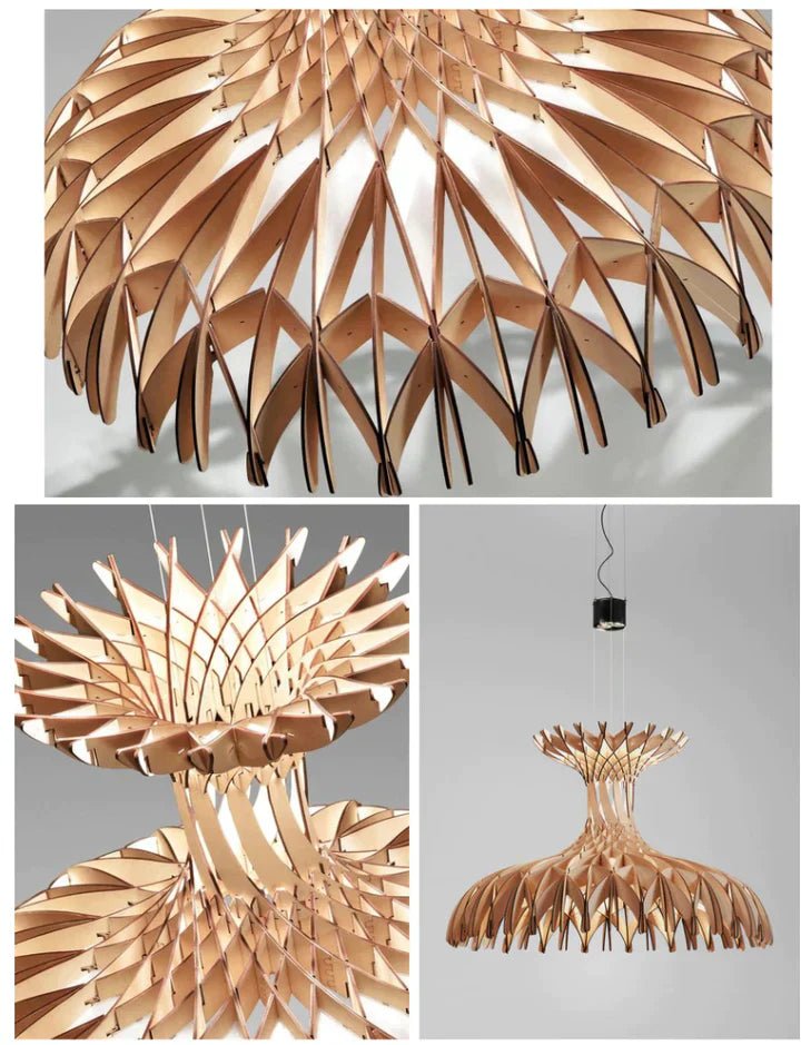 Art Oriental Tone Hand - made Wood Dome Pendant Chandelier for Living/Dining Room - D23.6"*H15"Warm LightBlushlighting