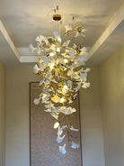 Artistic Tree Branch Pendant Light with Ceramic Ginkgo Leaves for High Ceilings in Hotel or Home-Chandeliers-Blushlighting