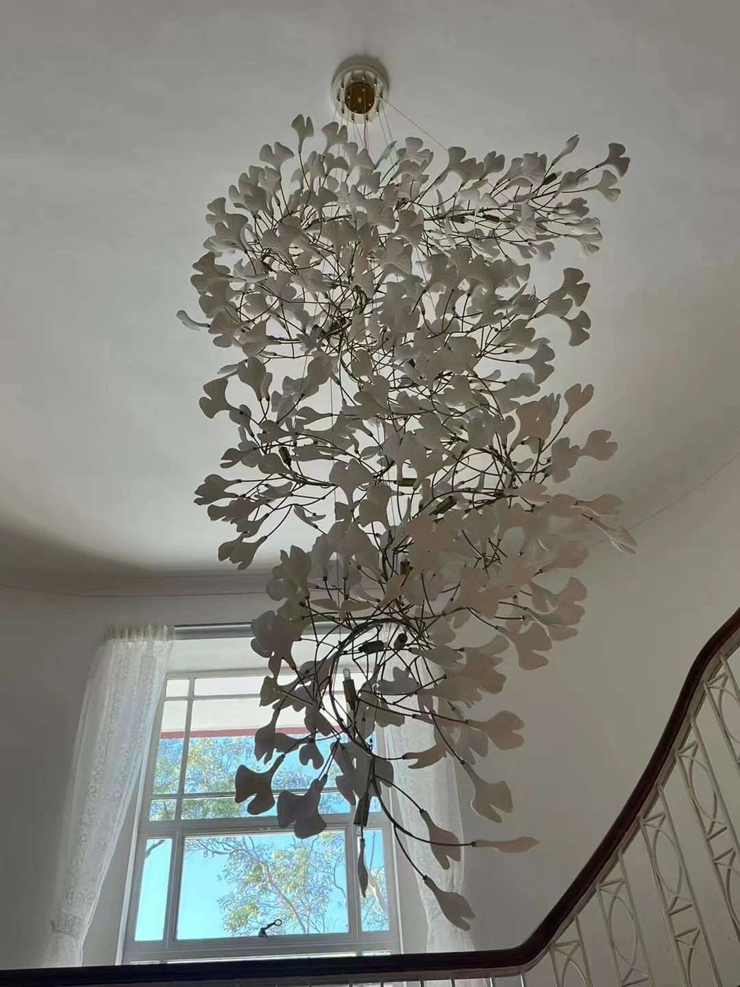 Artistic Tree Branch Pendant Light with Ceramic Ginkgo Leaves for High Ceilings in Hotel or Home-Chandeliers-Blushlighting