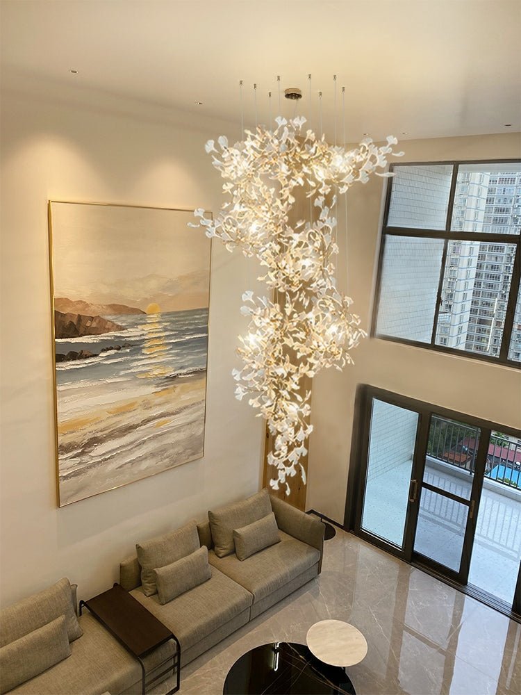 Artistic Tree Branch Pendant Light with Ceramic Ginkgo Leaves for High Ceilings in Hotel or Home - D59.1"*H157.5"/ 128 Lights (576 Pieces)/107kgWarm LightBlushlighting