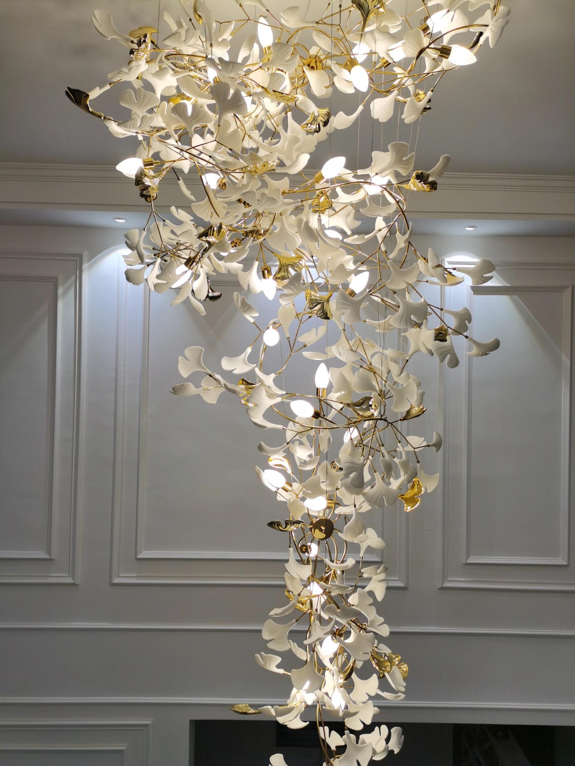 Artistic Tree Branch Pendant Light with Ceramic Ginkgo Leaves for High Ceilings in Hotel or Home - D59.1"*H157.5"/ 128 Lights (576 Pieces)/107kgWarm LightBlushlighting