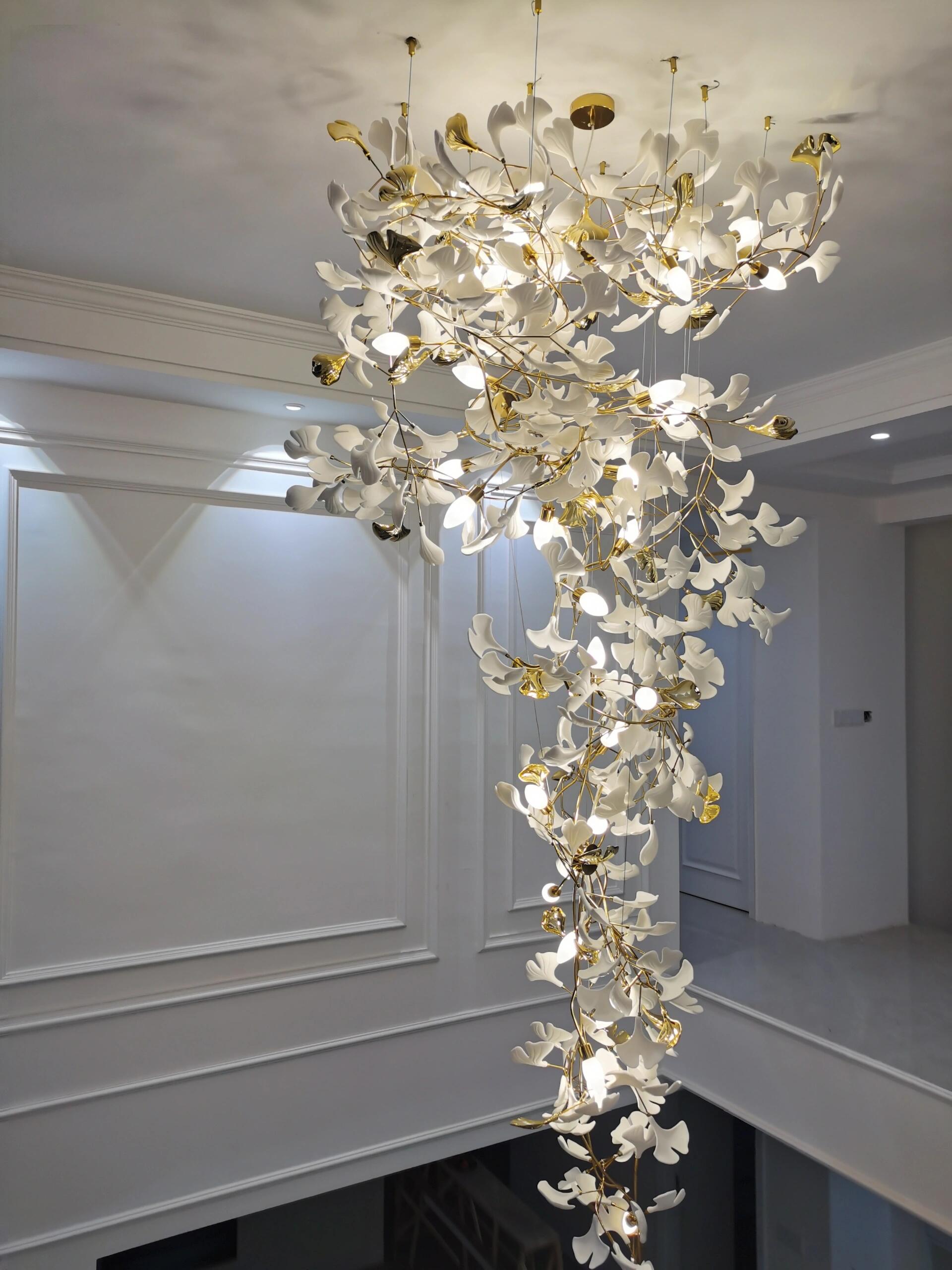 Artistic Tree Branch Pendant Light with Ceramic Ginkgo Leaves for High Ceilings in Hotel or Home - D59.1"*H157.5"/ 128 Lights (576 Pieces)/107kgWarm LightBlushlighting