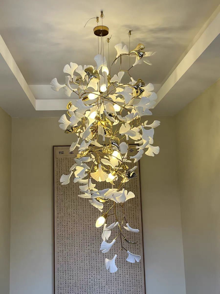 Artistic Tree Branch Pendant Light with Ceramic Ginkgo Leaves for High Ceilings in Hotel or Home - D59.1"*H157.5"/ 128 Lights (576 Pieces)/107kgWarm LightBlushlighting