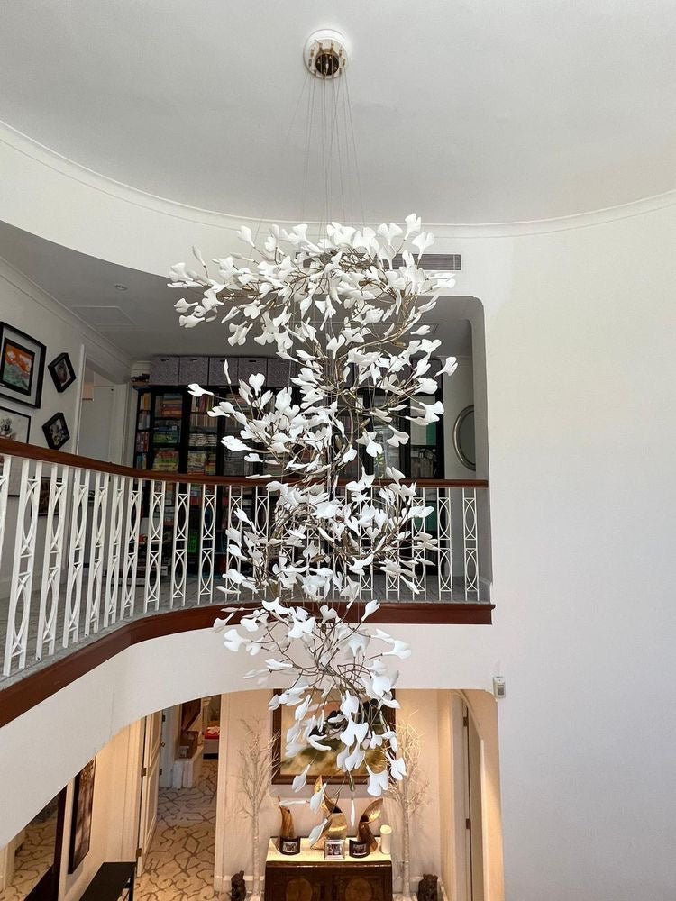 Artistic Tree Branch Pendant Light with Ceramic Ginkgo Leaves for High Ceilings in Hotel or Home - D59.1"*H157.5"/ 128 Lights (576 Pieces)/107kgWarm LightBlushlighting