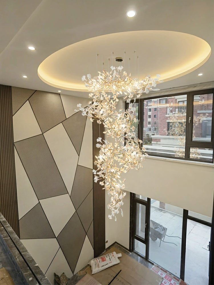Artistic Tree Branch Pendant Light with Ceramic Ginkgo Leaves for High Ceilings in Hotel or Home - D59.1"*H157.5"/ 128 Lights (576 Pieces)/107kgWarm LightBlushlighting
