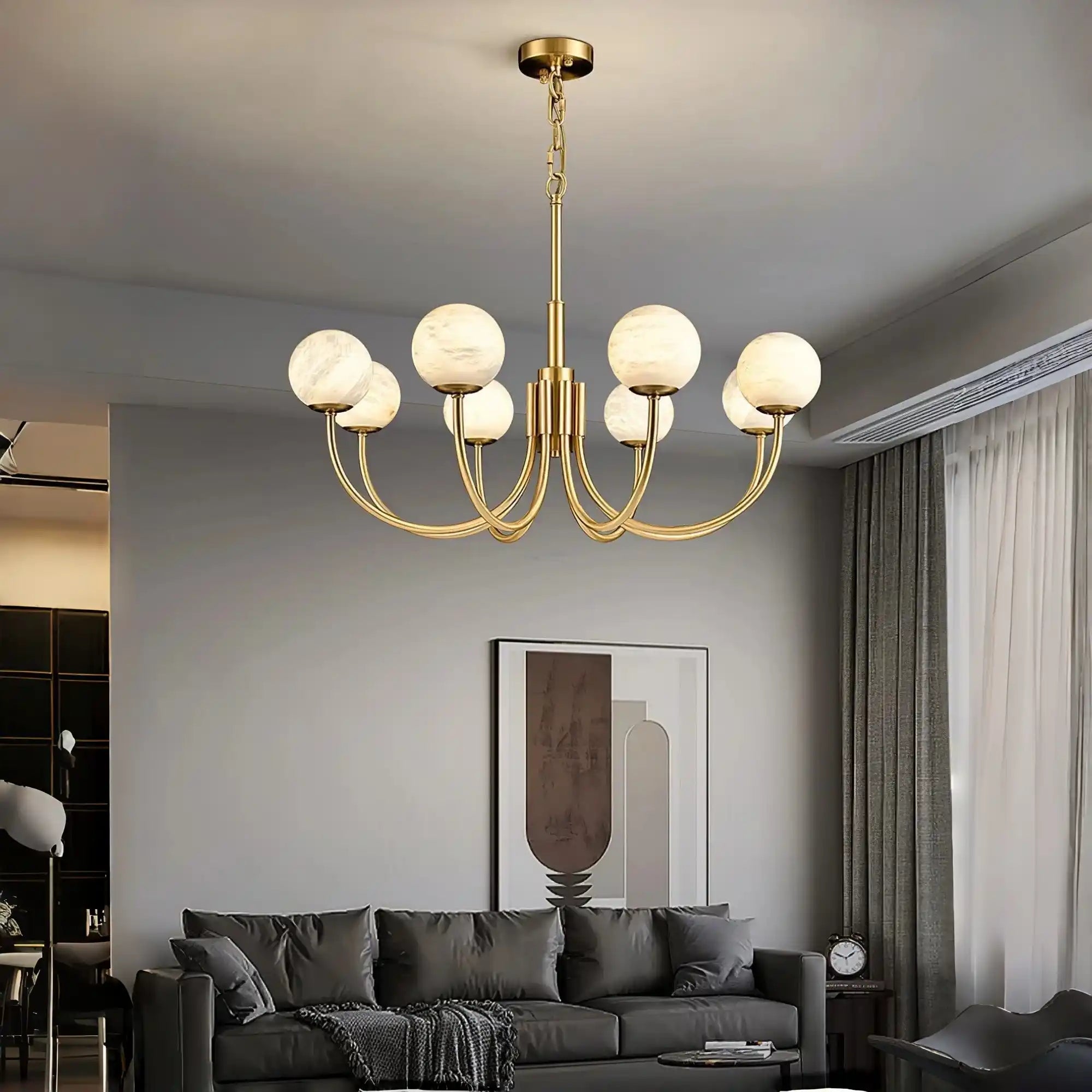 Aurelian Alabaster Globe Chandelier with 6/8/10/12 heads - 8 Heads 33.5" x H 21.7" / Dia 85cm x H 55cmBrass & WhiteBlushlighting