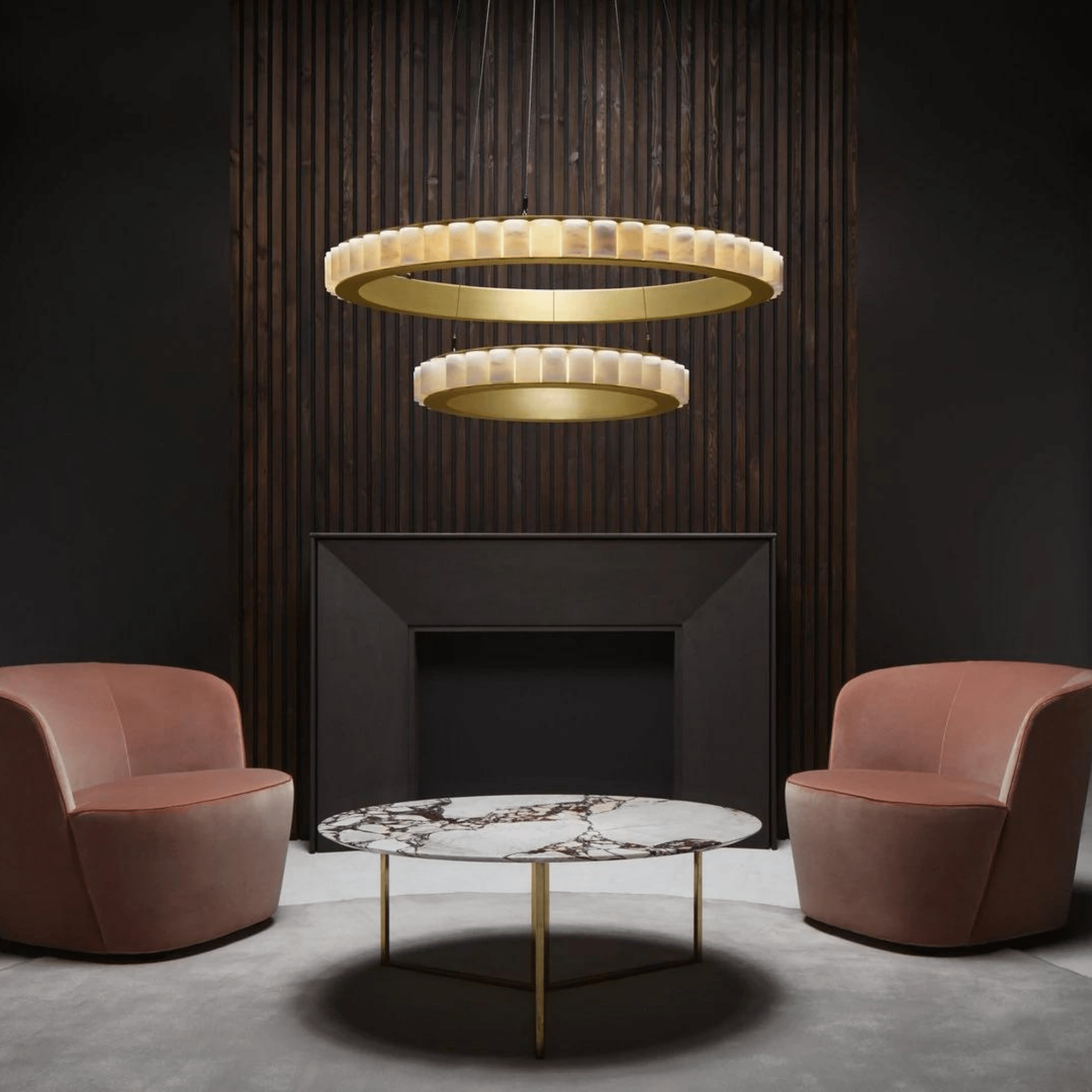 Avalon Halo Modern Chandelier - Satin Brass With Honed Alabaster StoneBlushlighting