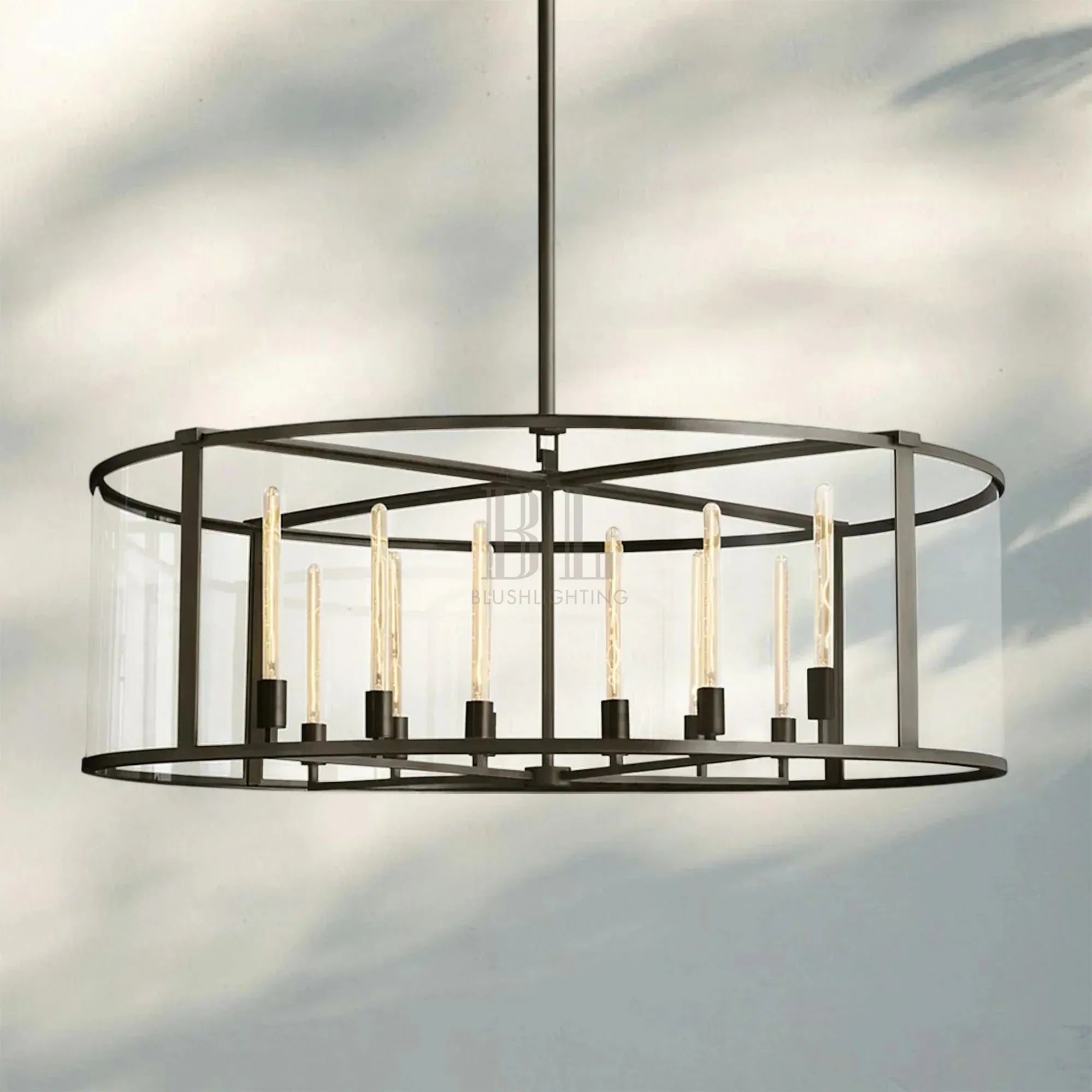 Beckmen Glass Lantern Modern Round Chandelier 33''44"55''-55‘’-Matte Black-