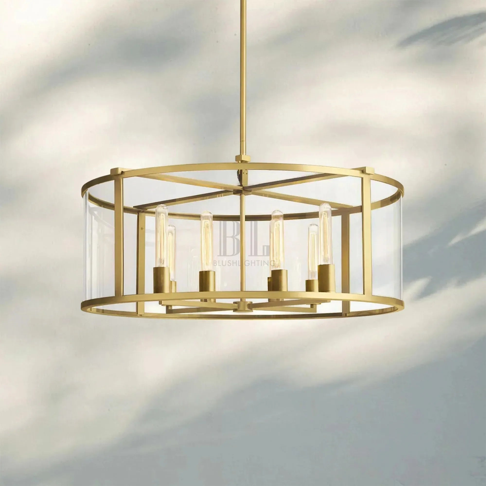 Beckmen Glass Lantern Modern Round Chandelier 33''44"55''-33‘’-Lacquered Burnished Brass-