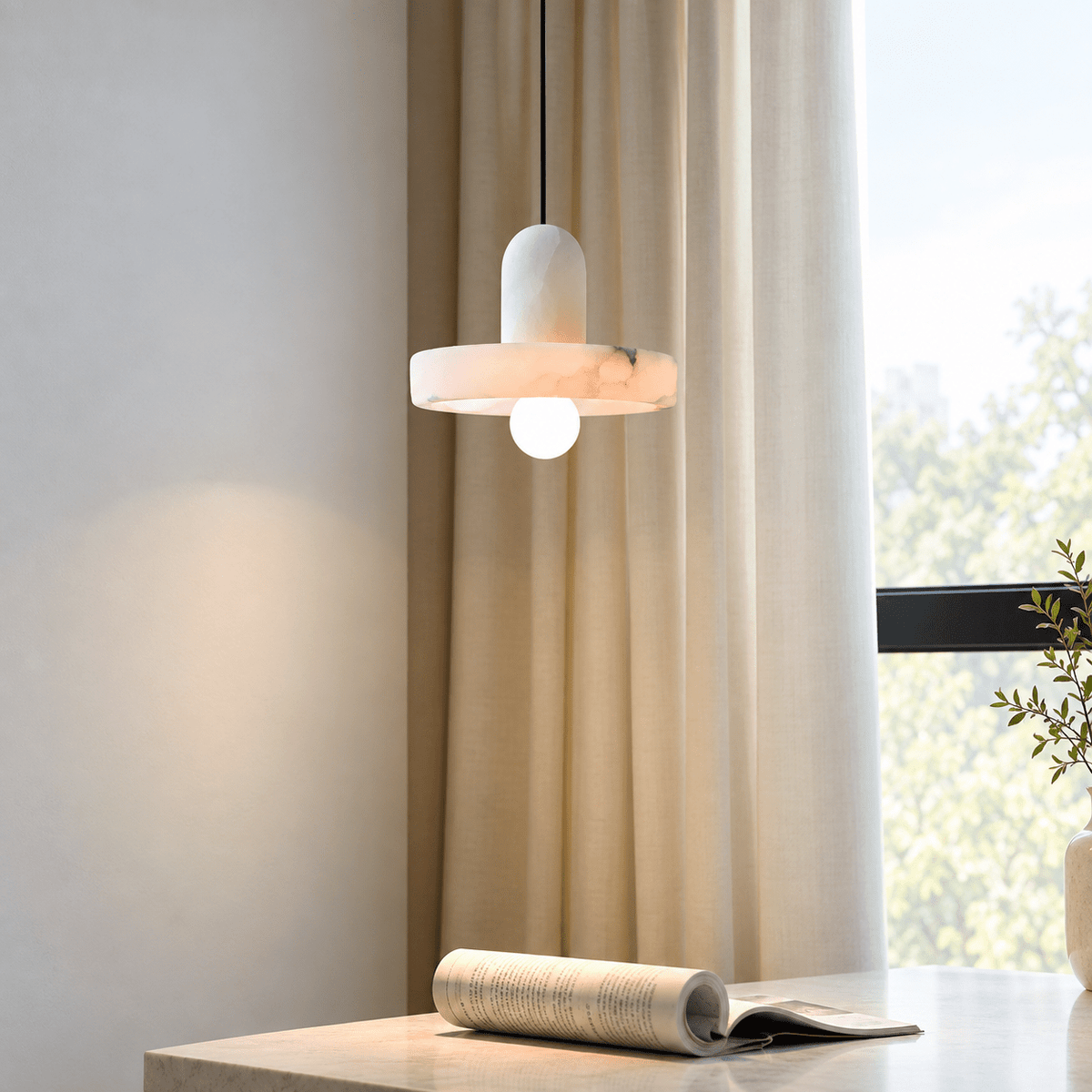 Bedroom Pendant Light | Alabaster Disc Minimalist | Discora - D20 x H20 cm (7.9 x 7.9 in)Blushlighting