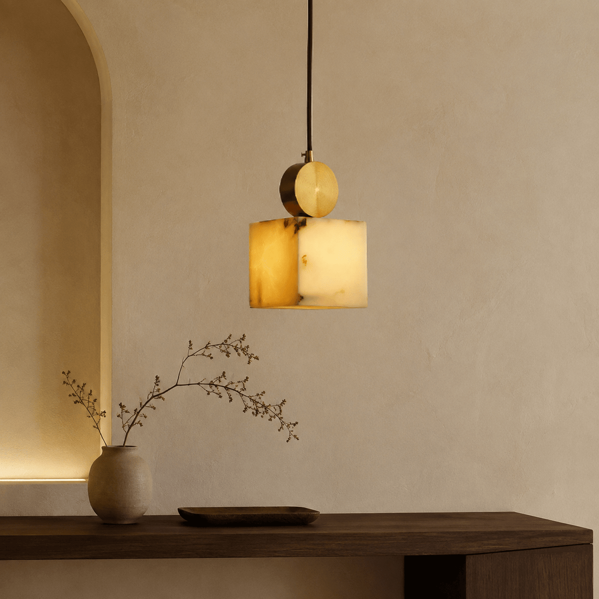 Bedroom Pendant Light | Spanish Alabaster Mid-Century Modern | Lunessa - squareØ4.72 × H9.06 inBlushlighting