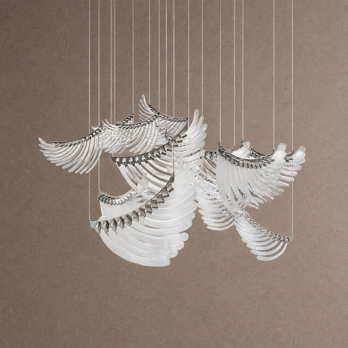 Bird Feather Wings Linear Chandelier - Dia 200cm x H 250cm / ∅ 78.7″ x H 98.4″Silver & WhiteWarm LightBlushlighting