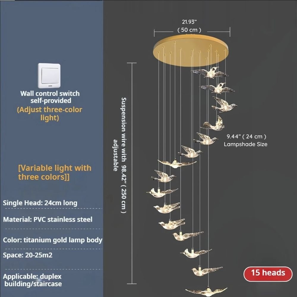 Bird Spiral Long Led Chandelier for Staircase and Foyer - Gold6 LightsCool white 6000KBlushlighting