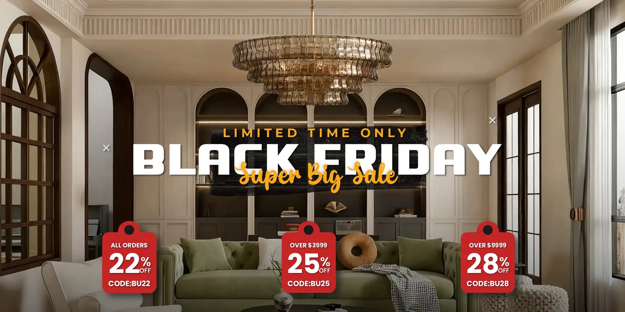 Black Friday banner featuring modern lighting, chandeliers, pendant lights and home décor discounts