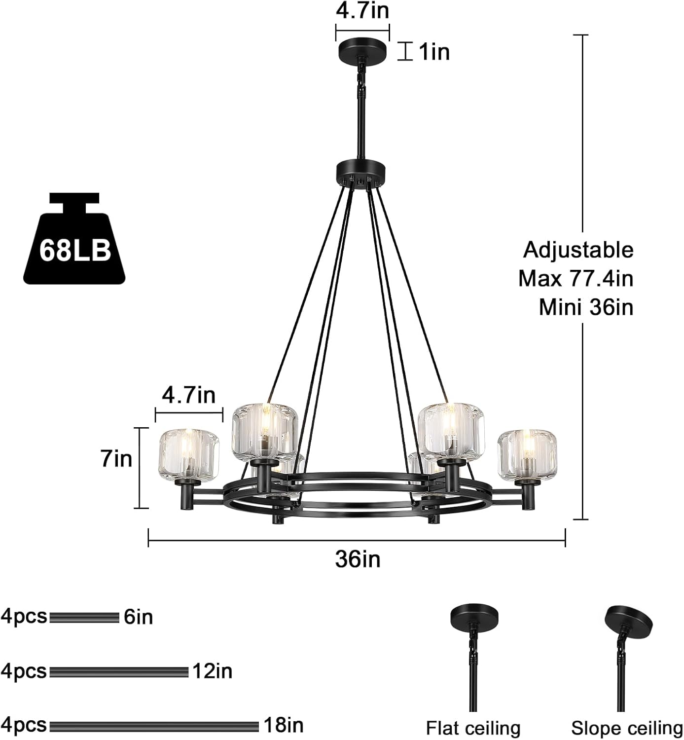 Black Round 36" K9 Crystal Chandelier with Adjustable Height - Black - Round - 36inBlushlighting