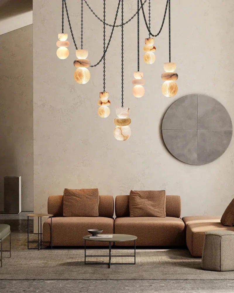 Blushlighting Ethereal Globe Pendant Light - Statement Alabaster - XL - 7 light - D10*2+D12*2+D15*3CM/D4"*2+D5"*2+D6"*3Warm LightBlackBlushlighting
