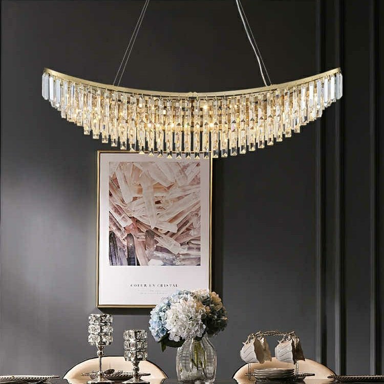 Boat Shaped LED Crystal Chandelier Oval Ceiling Light Fixture For Living/ Dining Room Table In Brass Finish - D31.5"*H13.4" / 12 LightsWarm LightBlushlighting