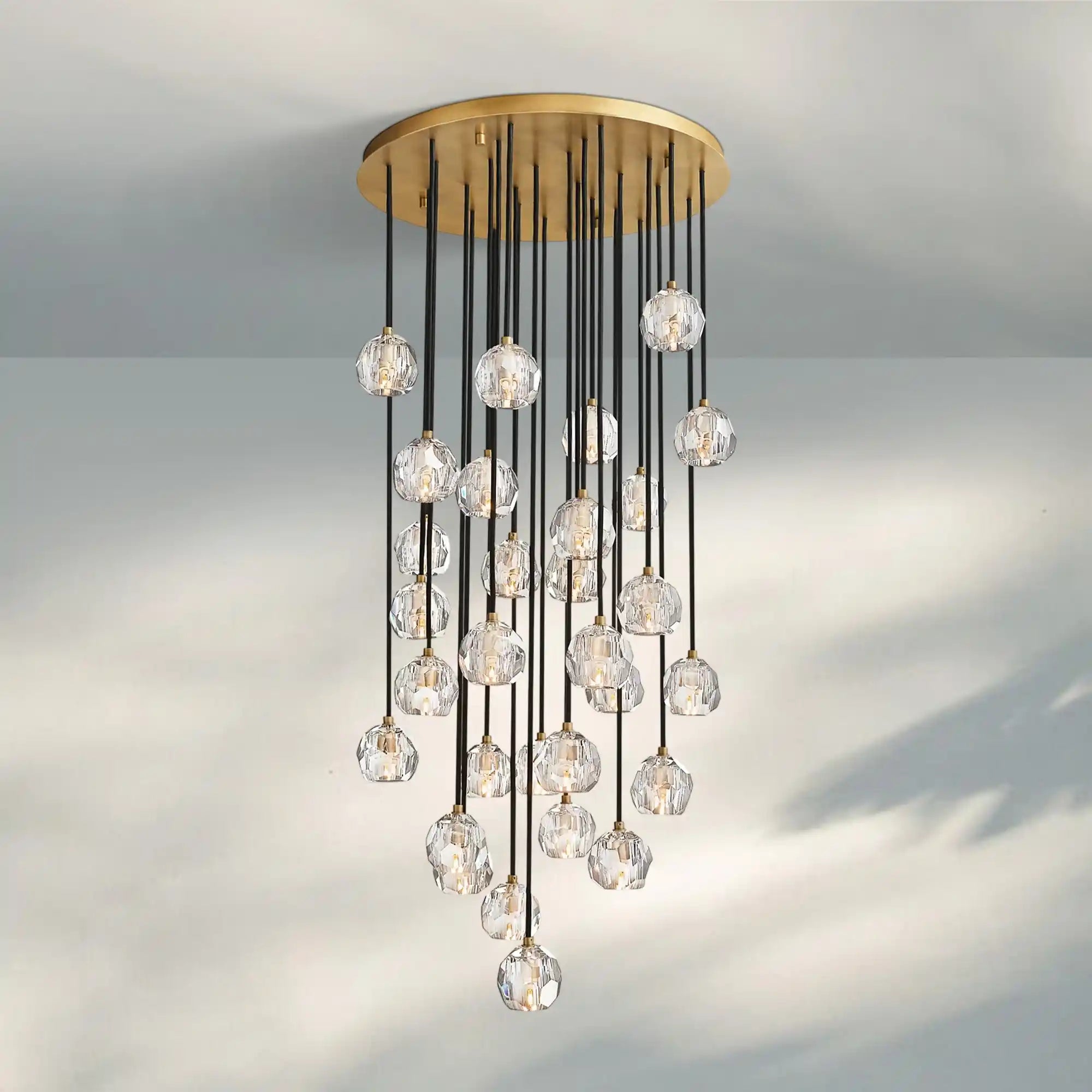 Bouble De Crystal Round Cluster Chandelier-Round: 30'' 30 Light-Clear-Lacquered Burnished Brass-Blushlighting