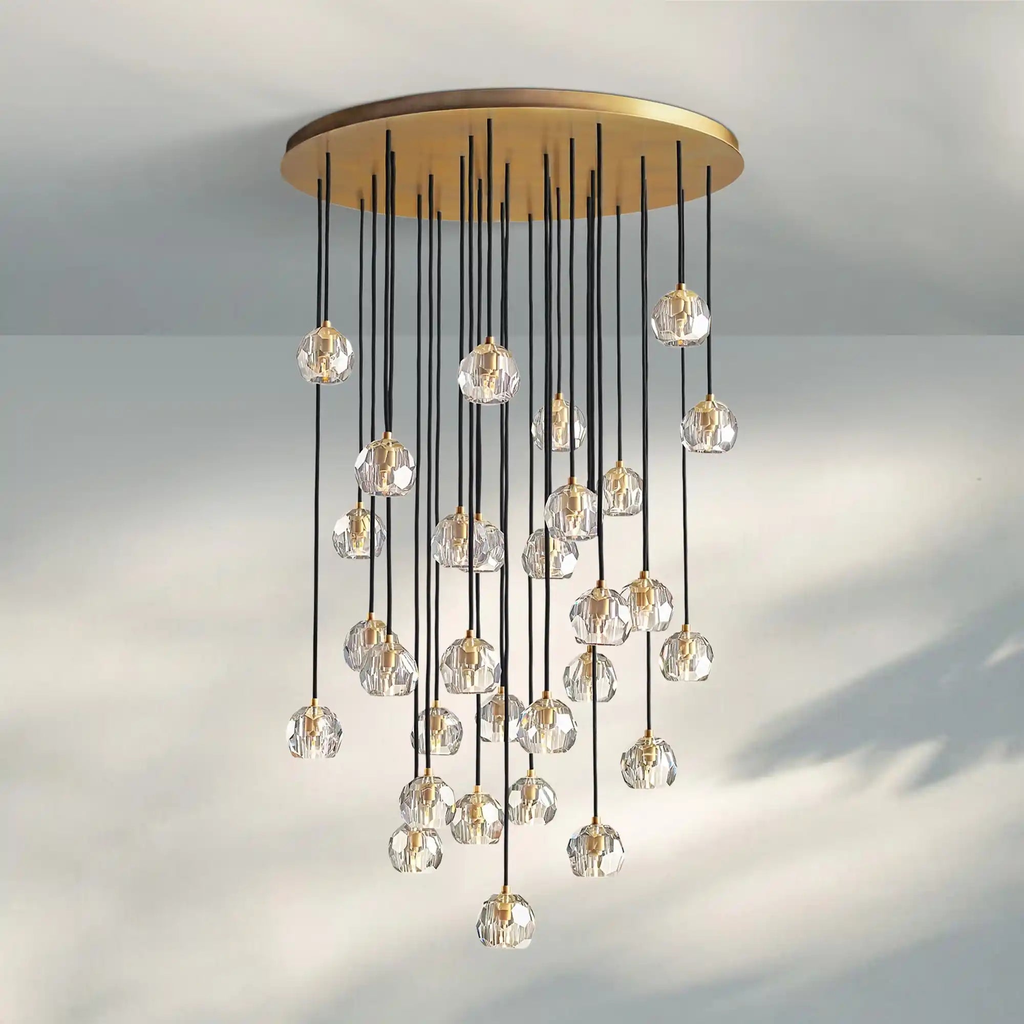 Bouble De Crystal Round Cluster Chandelier-Round: 40'' 30 Light-Clear-Lacquered Burnished Brass-Blushlighting