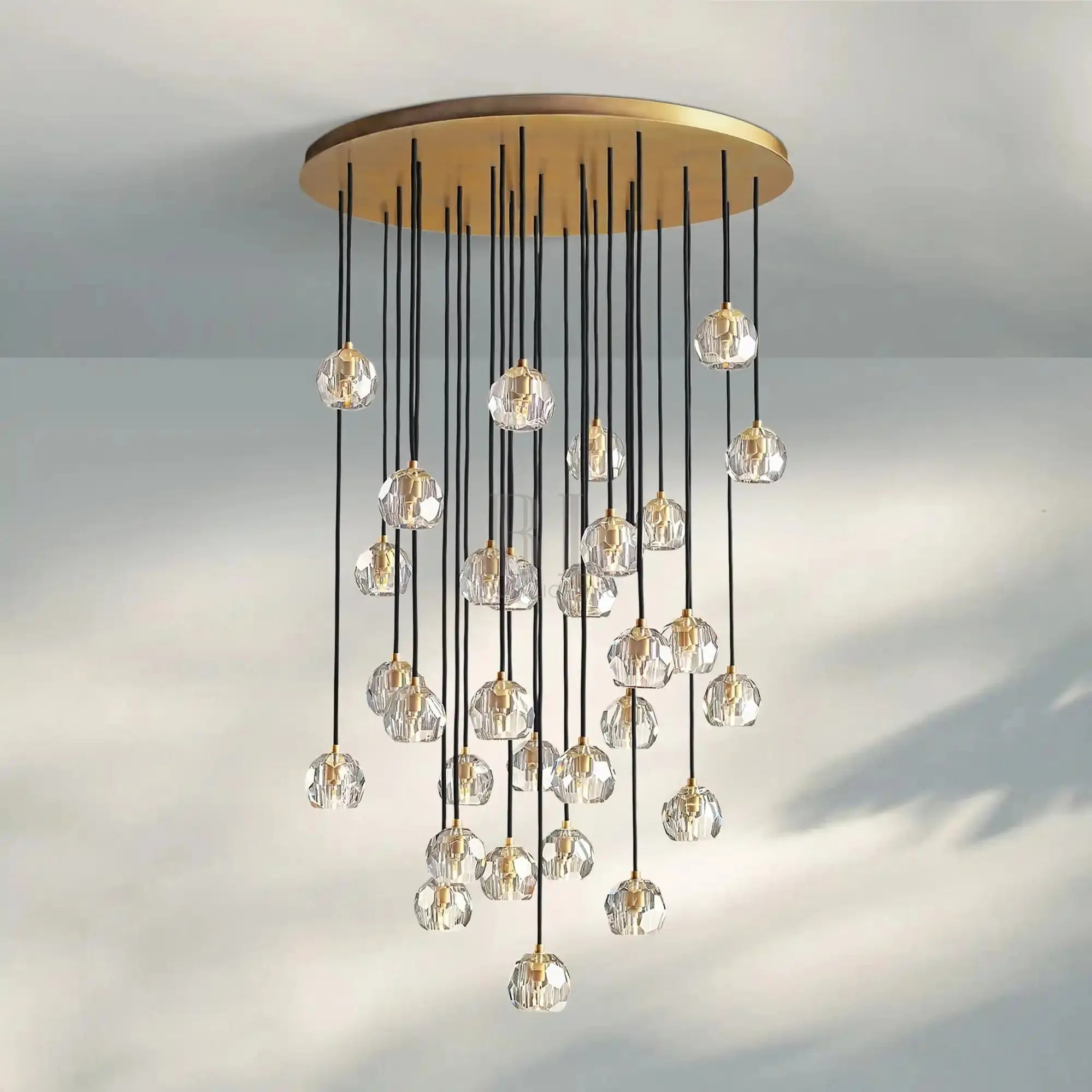 Bouble De Crystal Round Cluster Chandelier-Round: 40'' 30 Light-Clear-Lacquered Burnished Brass-Blushlighting