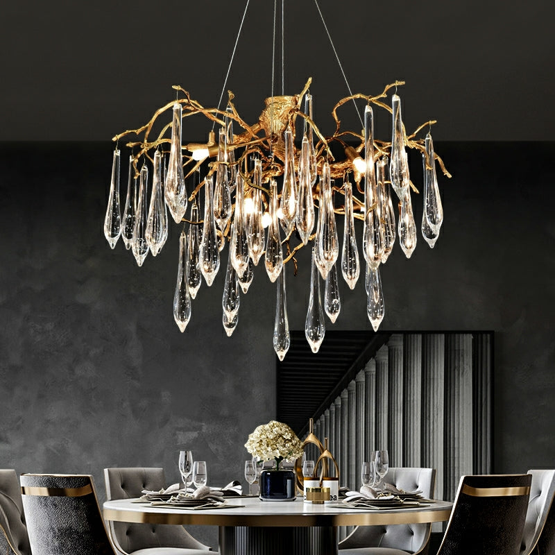Branch Crystal Drops Chandelier in French Style with Copper Gold Finish for Dining and Living Room Ceiling-Chandeliers-Blushlighting