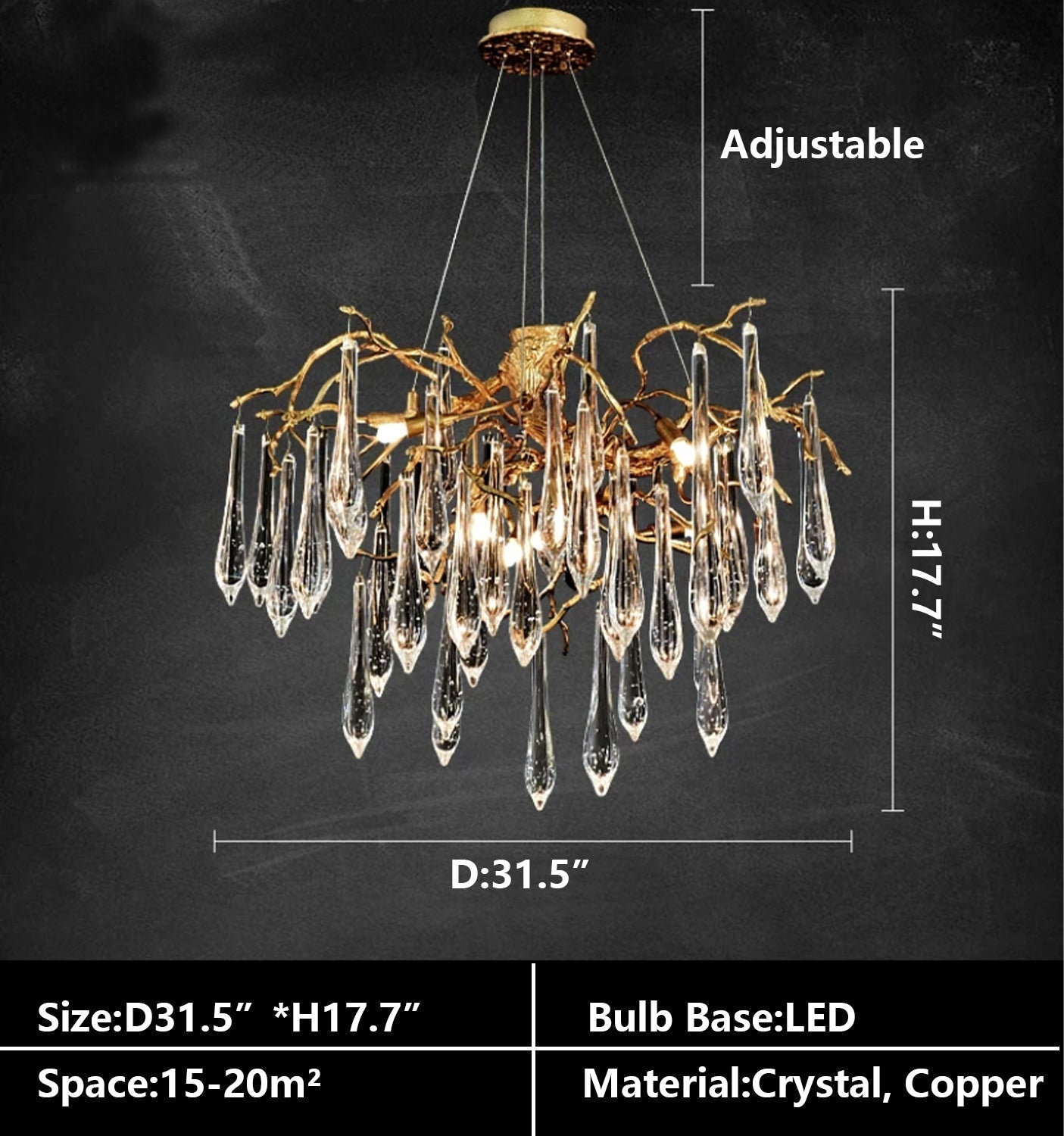 Branch Crystal Drops Chandelier in French Style with Copper Gold Finish for Dining and Living Room Ceiling - Round D23.6"*H15.8"/29.5kgWarm LightBlushlighting