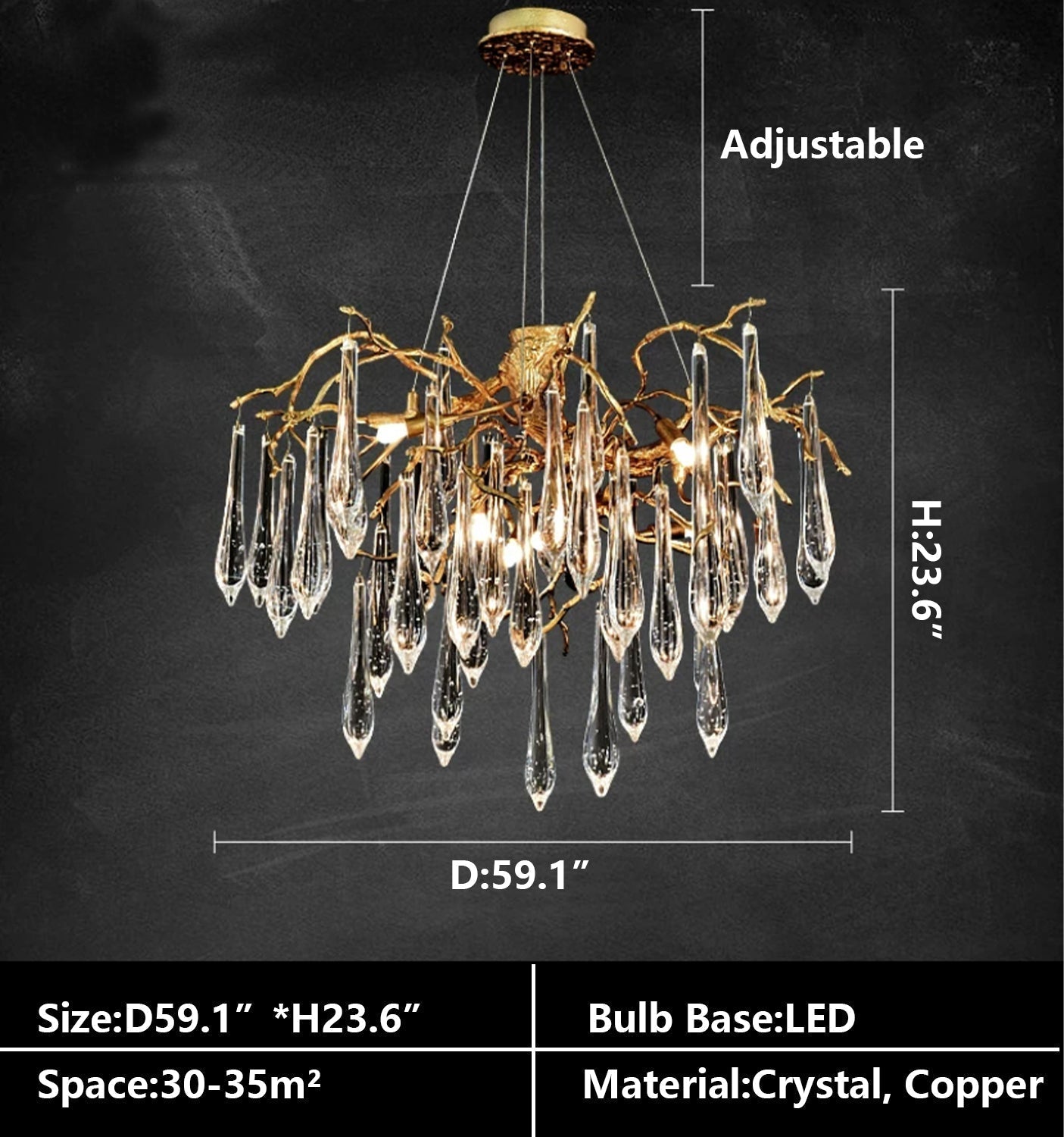 Branch Crystal Drops Chandelier in French Style with Copper Gold Finish for Dining and Living Room Ceiling - Round D23.6"*H15.8"/29.5kgWarm LightBlushlighting