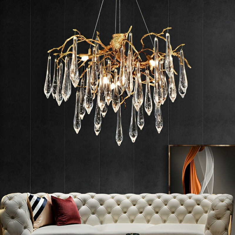 Branch Crystal Drops Chandelier in French Style with Copper Gold Finish for Dining and Living Room Ceiling-Chandeliers-Blushlighting