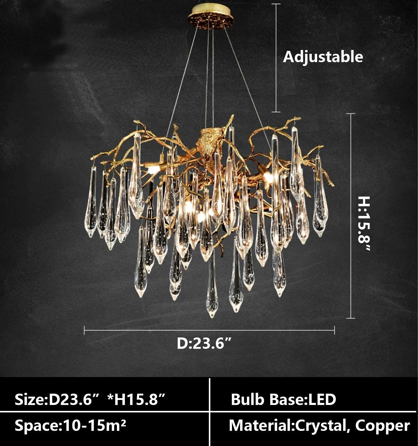 Branch Crystal Drops Chandelier in French Style with Copper Gold Finish for Dining and Living Room Ceiling - Round D23.6"*H15.8"/29.5kgWarm LightBlushlighting