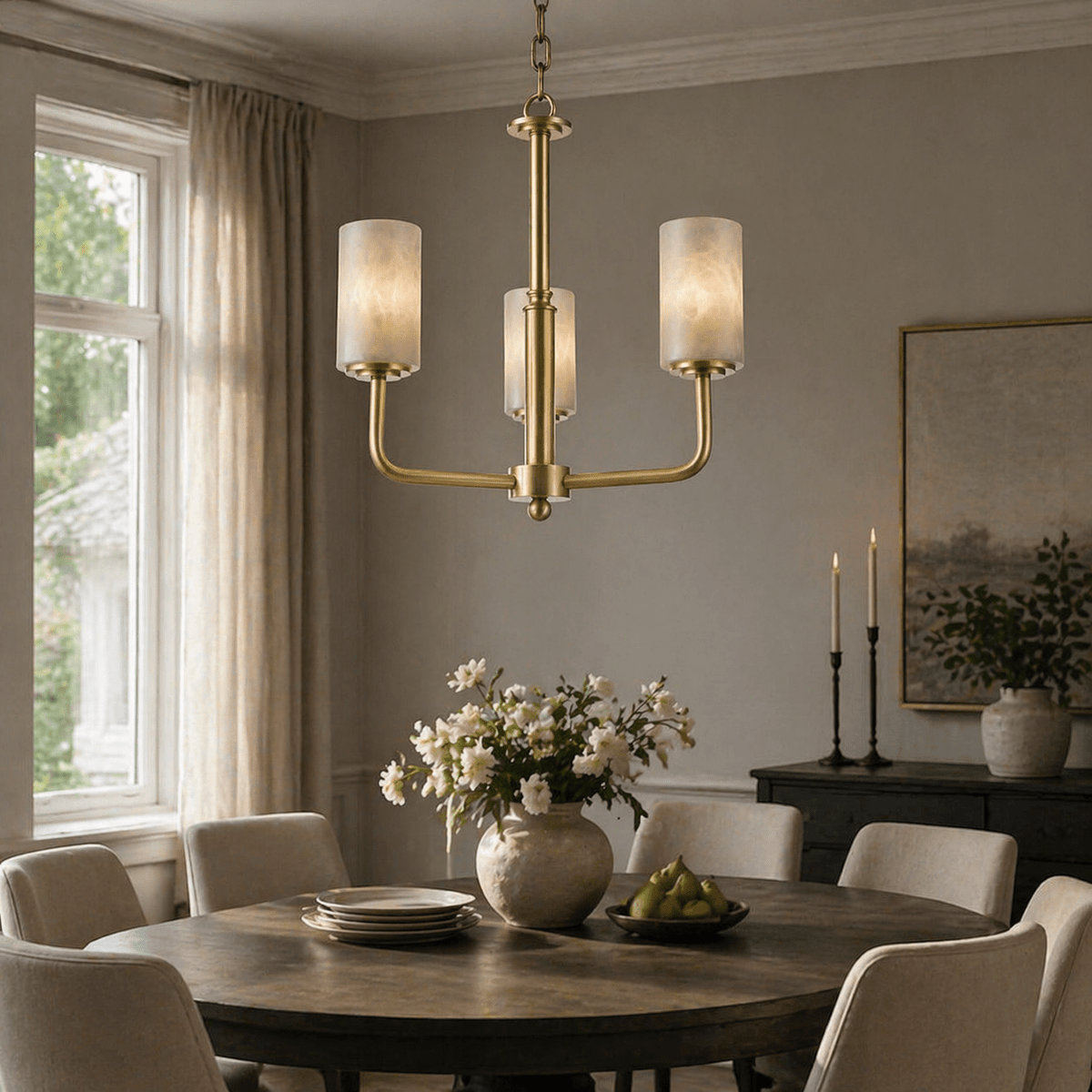 Brass 3-Arm Cylinder Alabaster Pendant Light - Blushlighting
