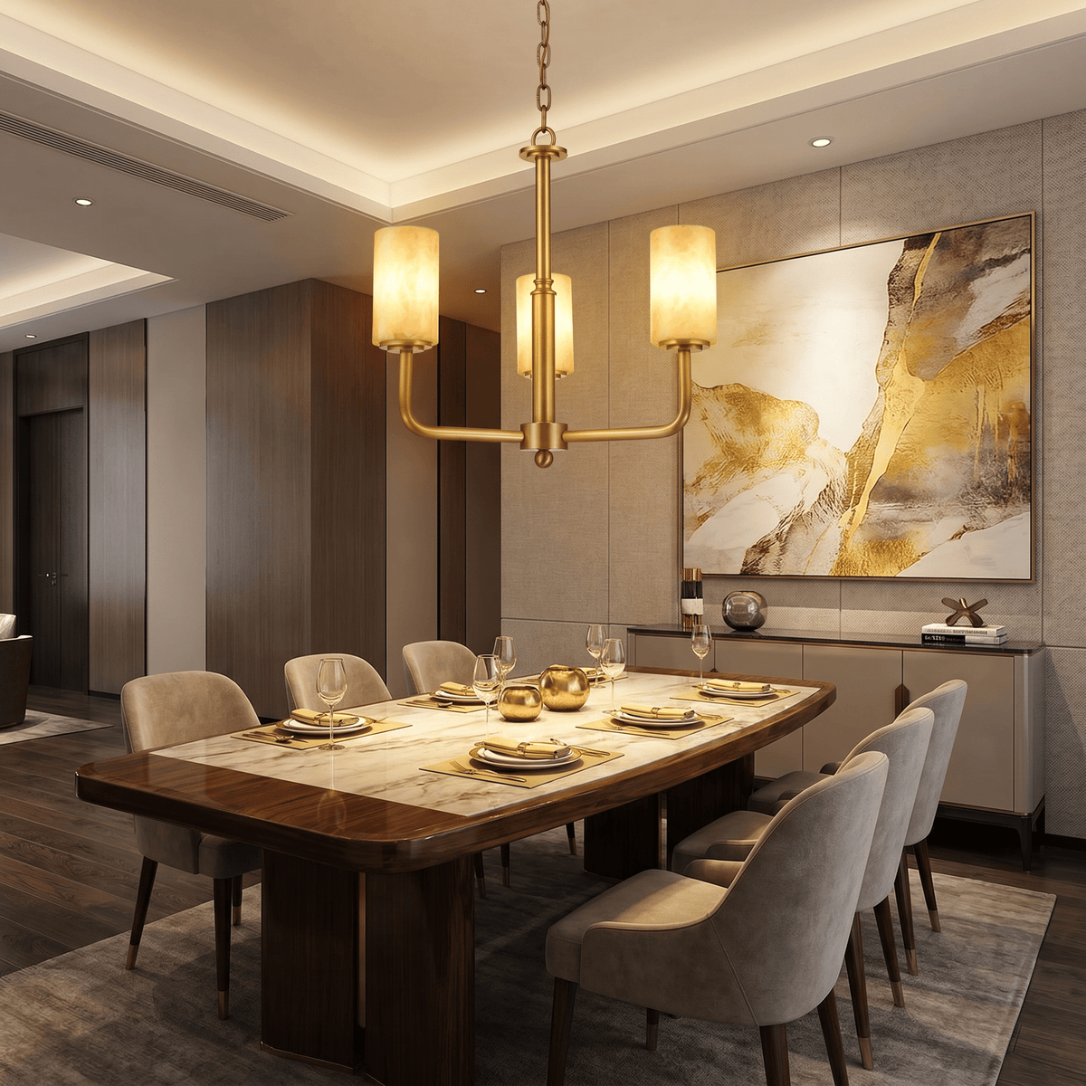 Brass 3-Arm Cylinder Alabaster Pendant Light - Blushlighting