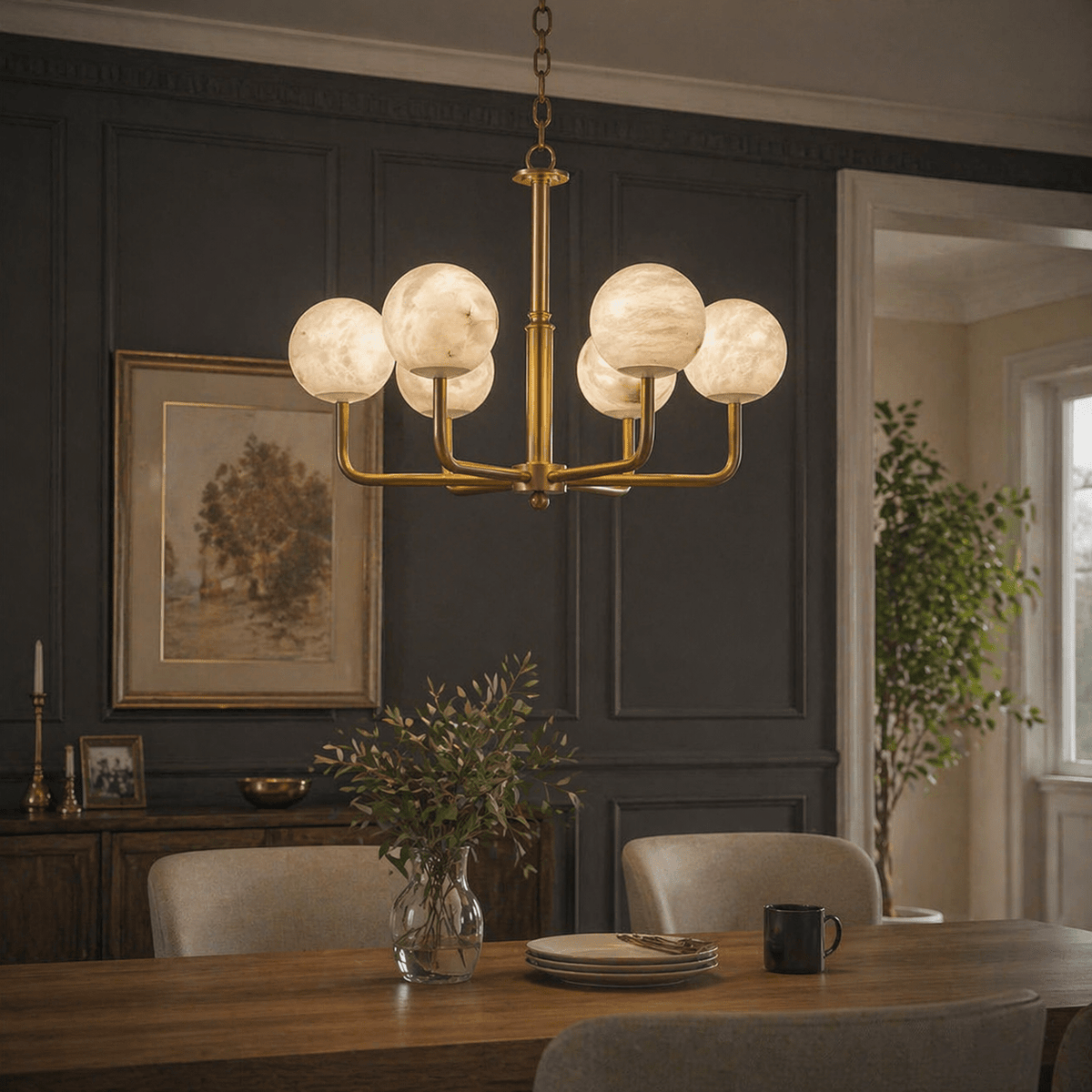 Brass 6-Arm Orb Alabaster Pendant Light - Blushlighting