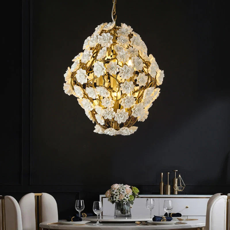 Brass and Ceramic Flower Art Chandelier Post Modern Light Luxury Style for Living and Dining Areas-