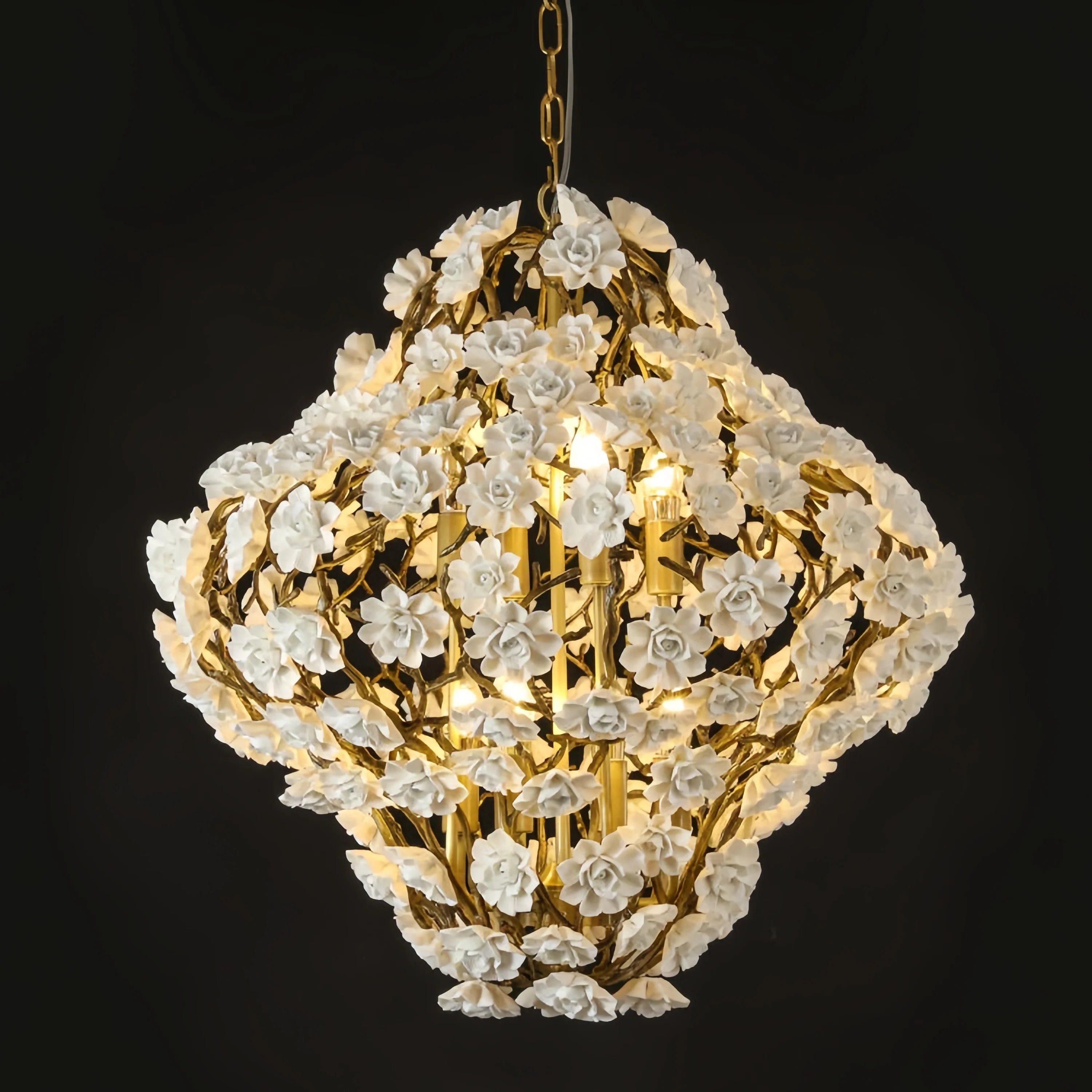 Brass and Ceramic Flower Art Chandelier Post Modern Light Luxury Style for Living and Dining Areas-